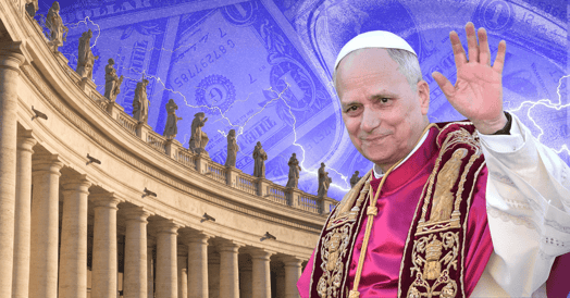 An illustration of Pope Leo in front of the Vatican with money in the background.